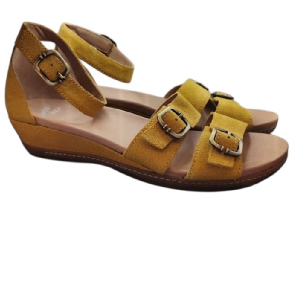 Dansko Astrid yellow textured nubuck wedge sandals adjustable straps comfort